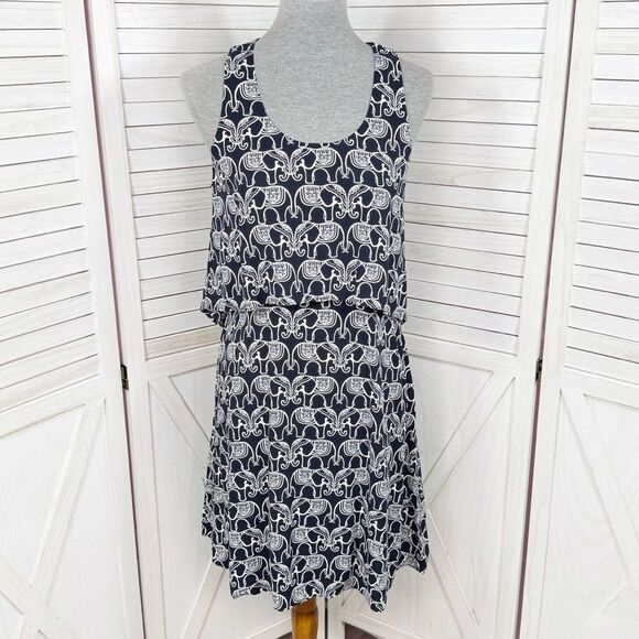 Crown & Ivy Elephant Parade Layered Illusion Sundress Dress Blue White 2 - Picture 1 of 15